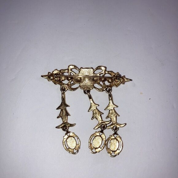 Vintage 1980s Gold Tone Jeweled Elegant Hair Women's Jewelry Dangle Brooch Pin - Picture 2 of 5